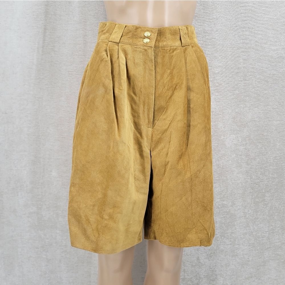 Suede Trouser Shorts Pleated Paperbag Culottes Leather Vintage Golden Tan